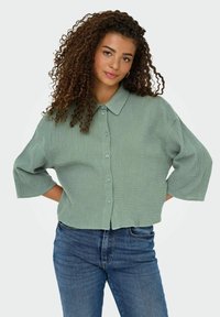 Camicia a maniche corte, con bottoni, in tessuto morbido e strutturato; di colore verde chiaro con colletto e orlo cropped. Abbinata a jeans blu.