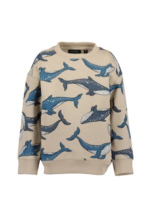 Felpa beige per bambini con motivo a balena blu, maniche lunghe, collo, polsini e orlo a costine.