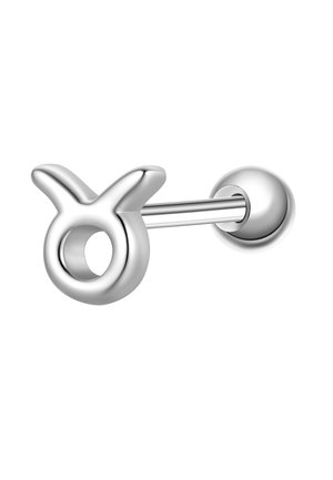 Sølv ørestik med et Tyren stjernetegn med et cirkulært hul og to opadvendte krøllede horn.