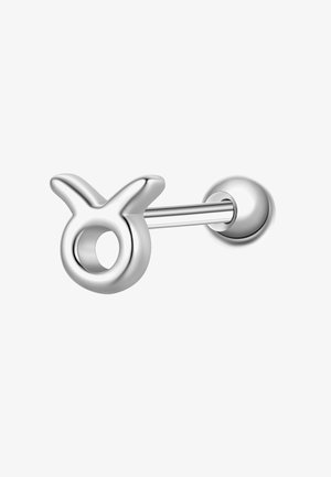 Silberner Stecker mit einem Stiersymbol des Tierkreises, das ein kreisförmiges Loch und zwei nach oben gebogene Hörner zeigt.