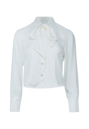 Weiße langärmlige Bluse mit hohem Kragen, gebundener Schleife am Hals, zwei vorderen Knöpfen und breiten Manschetten.