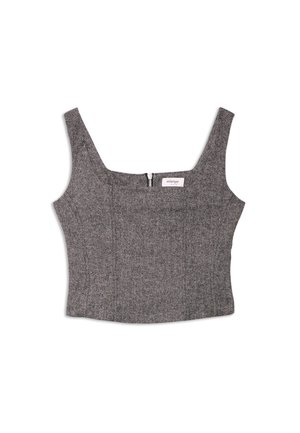 Sivý herringbone crop top s širokými ramienkami, štvorcovým výstrihom a zapínaním na zips na chrbte. Vyrobený z štruktúrovanej tkaniny, tvarovaný tak, aby pevne sedel.