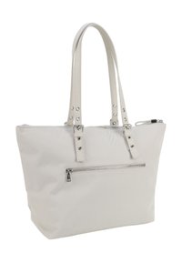 Bolsa tote beige con doble asa para el hombro, bolsillo frontal con cremallera y herrajes metálicos en tono plateado.