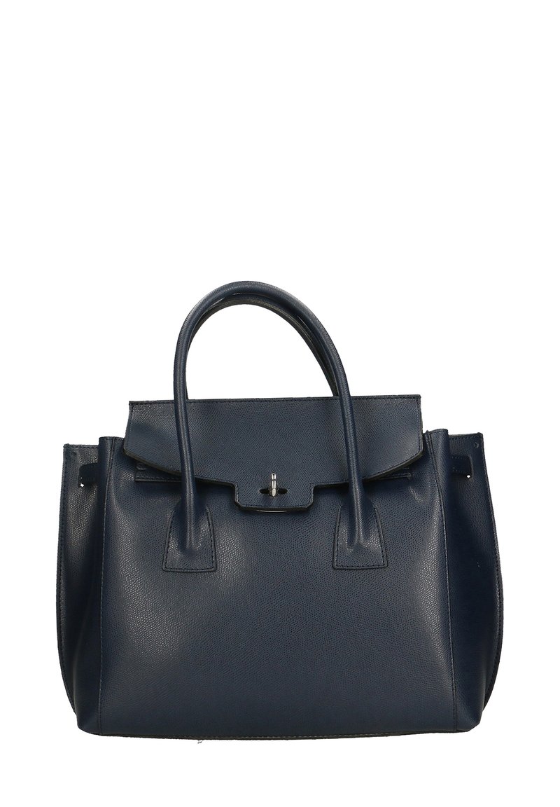 Borsa a mano in pelle blu navale con doppio manico, design strutturato, chiusura a pattina e hardware in argento. Presenta una texture a grana e un'espansione sui lati.