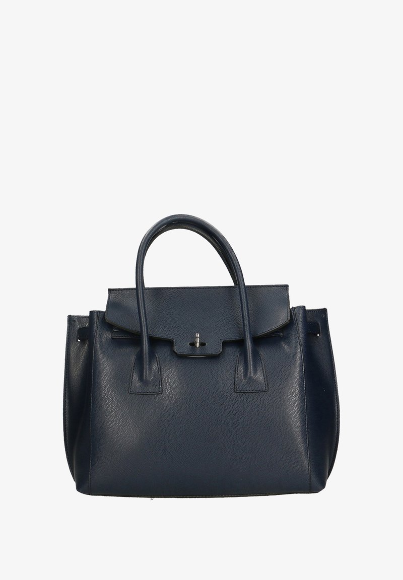 Borsa a mano in pelle blu navale con doppio manico, design strutturato, chiusura a pattina e hardware in argento. Presenta una texture a grana e un'espansione sui lati.