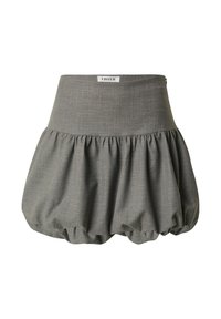 Grijze bubble rok met een nauwsluitende tailleband, plooien aan de zoom en een zachte, gestructureerde stof. Etiket gelabeld "EDITED" op de tailleband.