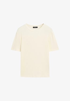 Cremefarbendes T-Shirt mit kurzen Ärmeln, rundem Halsausschnitt und lässiger Passform. Der Stoff wirkt weich und glatt, ohne sichtbare Muster oder Akzente.