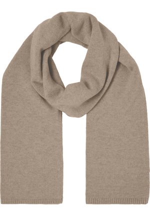 Beige gebreide sjaal met zachte textuur, rechthoekige vorm en afgewerkte randen. Lichtgewicht en veelzijdig voor warmte in koudere weersomstandigheden.
