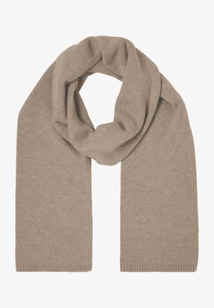 Beige gestrickter Schal mit weicher Textur, rechteckiger Form und gesäumten Kanten. Leicht und vielseitig für Wärme in kälteren Wetterbedingungen.