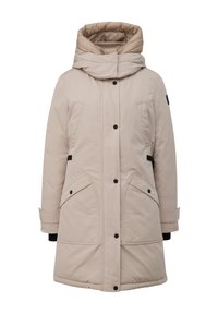 Beige gewatteerde parka met een hoge kraag, drukknopen, twee grote voorkruiden en zwarte accenten op de manchetten en zakken. Gladde textuur.
