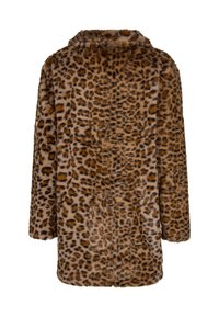 Leopardmønstret faux fur frakke med krave, lange ærmer og lige snit. Teksturen er blød med et rigt brunt og sort mønster.