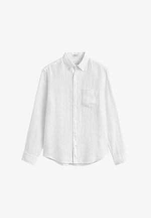 Witte blouse met lange mouwen, knoopsluiting, kraag en borstzak, gemaakt van lichtgewicht stof, weergegeven op een witte achtergrond.