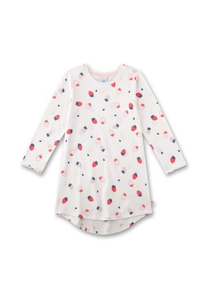 Long-sleeve white cotton tunic with a rounded hem, featuring a red and pink strawberry and heart pattern throughout. Soft texture.