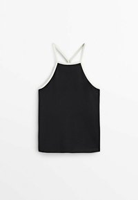 Débardeur noir sans manches avec bord blanc et fines bretelles croisées sur fond blanc.