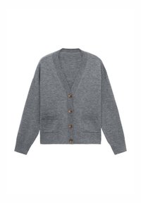 Sivi cardigan z V-izrezom, dolgimi rokavi in dvema sprednjima žepoma. Ima pet rjavih gumbov spredaj. Mehka tekstura.