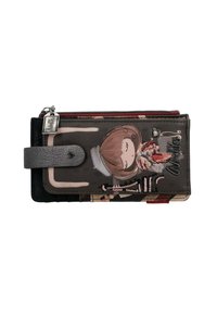 Portafoglio nero e grigio con grafica di una ragazza cartone sorridente, chiusura a zip e cuciture decorative. Presenta una tracolla e accenti colorati a motivo.