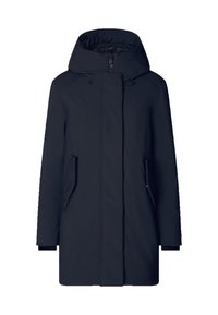 Donker marineblauwe lange winterjas met capuchon, voorrits bedekt met een stormflap en schuine zijzakken.