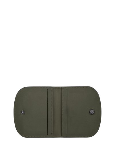 Olive green leather wallet with a smooth texture, featuring two card slots and a snap button closure. Simple, rounded shape.