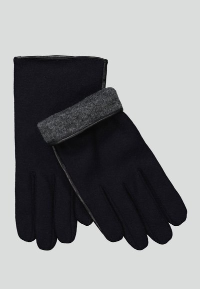 Guanti neri in lana con polsini grigi lavorati a maglia, caratterizzati da una texture liscia e da cuciture sottili lungo i bordi. Design resistente e caldo.