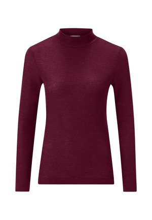 Burgundy long-sleeve mock neck sweater made of ribbed fabric. Features a fitted design with a smooth texture and no visible patterns or hardware.