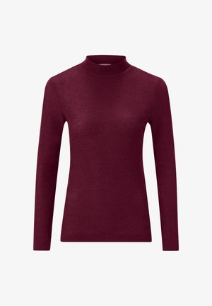 Burgundy long-sleeve mock neck sweater made of ribbed fabric. Features a fitted design with a smooth texture and no visible patterns or hardware.