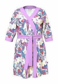 Vestido envolvente con estampado floral en amarillo pálido, presenta un ribete morado y un cinturón de lazo. Mangas largas y motivo de aves y flores coloridas.