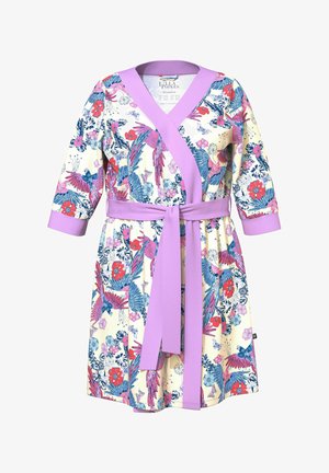 Abito avvolgente con motivo floreale in giallo pallido, con bordi viola e cintura a fiocco. Maniche lunghe e motivo di uccelli e fiori colorati.