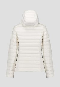 Witte gewatteerde jas met kap, voorzien van een horizontaal doorgestikt patroon en een gladde textuur. De achteraanzicht toont naaddetails en een gestroomlijnde vorm.