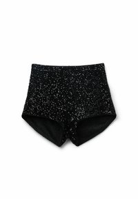 Shorts de lentejuelas negras con un diseño ajustado. Presentan una superficie texturizada y un forro interior suave, ofreciendo un ajuste ceñido.
