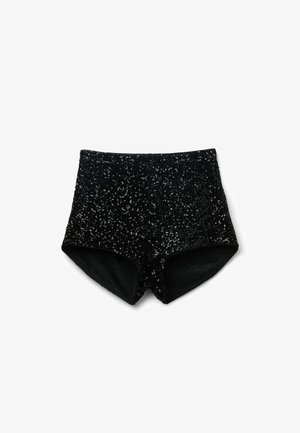 Shorts noirs en sequins avec une coupe ajustée. Dotés d'une surface texturée et d'une doublure intérieure lisse, offrant un ajustement parfait.