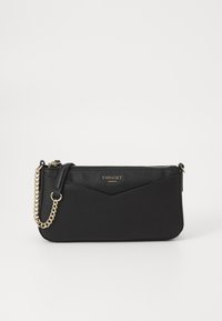 Black synthetic handbag with a chevron design, featuring a gold chain strap, zip closure, and a gold logo accent.