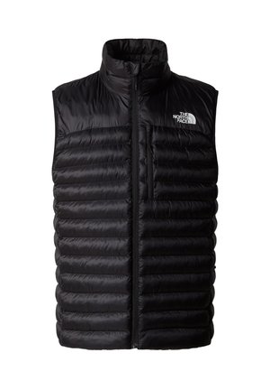 Schwarze Daunenweste mit hohem Kragen, durchgehendem Reißverschluss und Brusttasche mit Reißverschluss. Enthält ein gestepptes Muster und das Logo von The North Face.