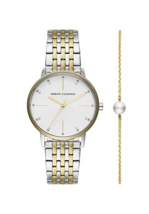 Zilveren en gouden roestvrijstalen horloge met een witte wijzerplaat, genummerde indices en een bijpassende armband. Inclusief een dunne gouden kettingarmband.