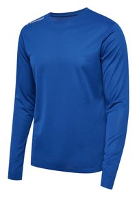 Langdurige sportshirt met lange mouwen in helderblauw, gemaakt van lichte, gladde stof met een ronde halslijn en een subtiele logoaccent op de schouder.