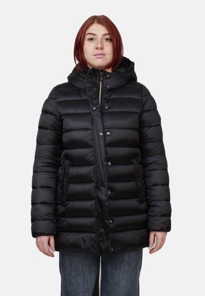Zwarte gewatteerde jas met capuchon, voorzien van een rits en drukknoopsluiting, zijzakken en een gladde, glanzende textuur.