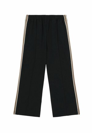 Schwarze Hosen mit weitem Bein und elastischem Bund, ausgestattet mit Seitentaschen und vertikalen Streifen in Beige und Weiß an beiden Seiten.