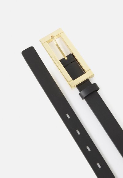Black leather belt with a wide gold rectangular buckle. Features a smooth texture and five holes for adjustable fitting.