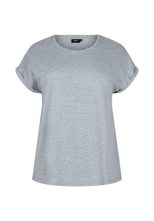 Grå kortærmet t-shirt med rullekanter, lavet af blødt stof, med en rund halsudskæring og en løs, afslappet pasform.