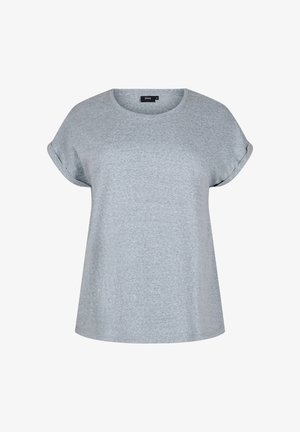 Halli lühikeste varrukatega t-särk, mille varrukad on keeratud, valmistatud pehmest kangast, ümmarguse dekoltee ja lõdva, vabalt langeva esitusega.