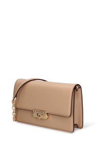Beige leather crossbody bag with a gold-tone clasp, smooth texture, and chain strap. Features contrast stitching and a structured shape.
