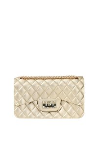 Borsa a tracolla gold trapuntata con catena, dotata di chiusura metallica con logo e rifinitura in materiale liscio e lucido.