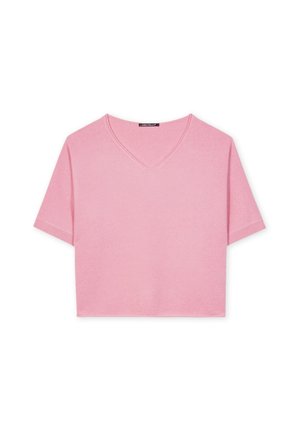 Rosa, kurzes T-Shirt aus weichem Stoff, mit V-Ausschnitt, kurzen Ärmeln und einem schlichten Design ohne Muster oder Akzente.