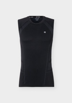 Schwarzes ärmelloses Sporttop mit Mesh-Einsätzen, Rundhalsausschnitt und kleinem weißen Champion-Logo auf der oberen linken Brust.