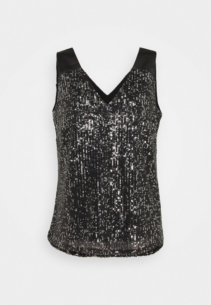 Top nero senza maniche con scollo a V, decorato con paillettes disposte in un motivo verticale. Spalline di raso e orlo arrotondato.