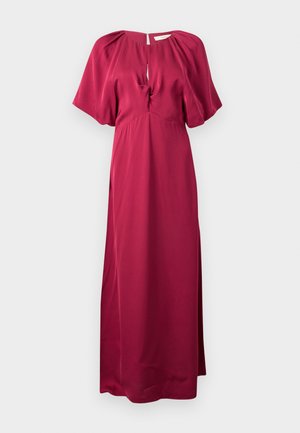 Lange bordeauxrode jurk met korte pofmouwen, een geraffineerde halslijn met keyhole-detail en een getailleerde taille.