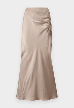 Falda midi de satén en un suave color beige, con detalle fruncido en el lateral y lazos ajustables. Textura suave y silueta fluida.