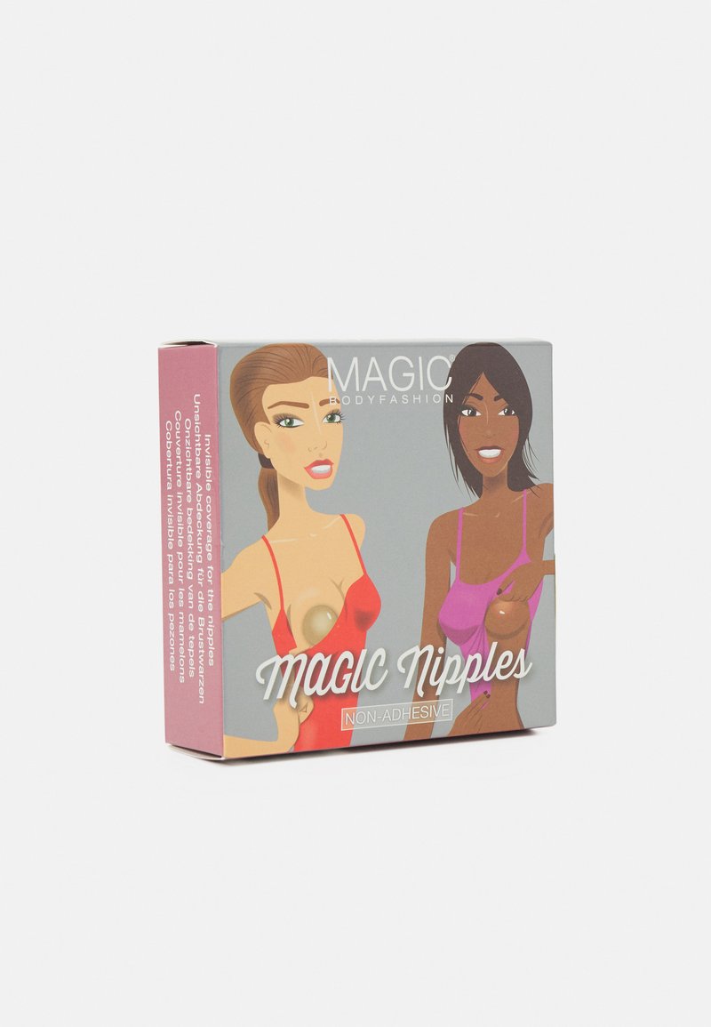 Packaging for non-adhesive nipple covers, featuring illustrations of two figures in red and purple tops, with clear text branding and descriptions.
