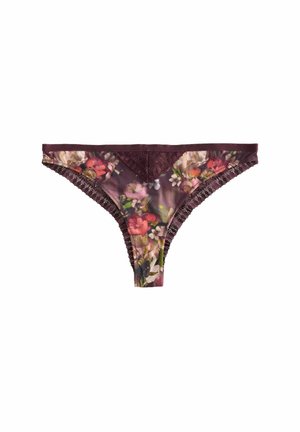 Blütenmuster-Tanga mit dunklem burgunderfarbenem Grund, Spitzenrand und einem leichten, halbtransparenten Material mit zarten Akzenten.