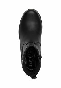 Bottine en cuir noir à bout rond, avec des zips sur les côtés et une semelle intérieure rembourrée. Le design présente une finition lisse et texturée.