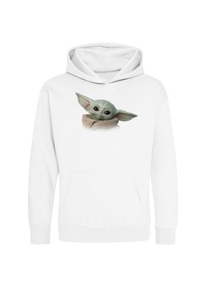 Hvid hættetrøje med et centralt grafik af Baby Yoda med store ører og en beige krave.